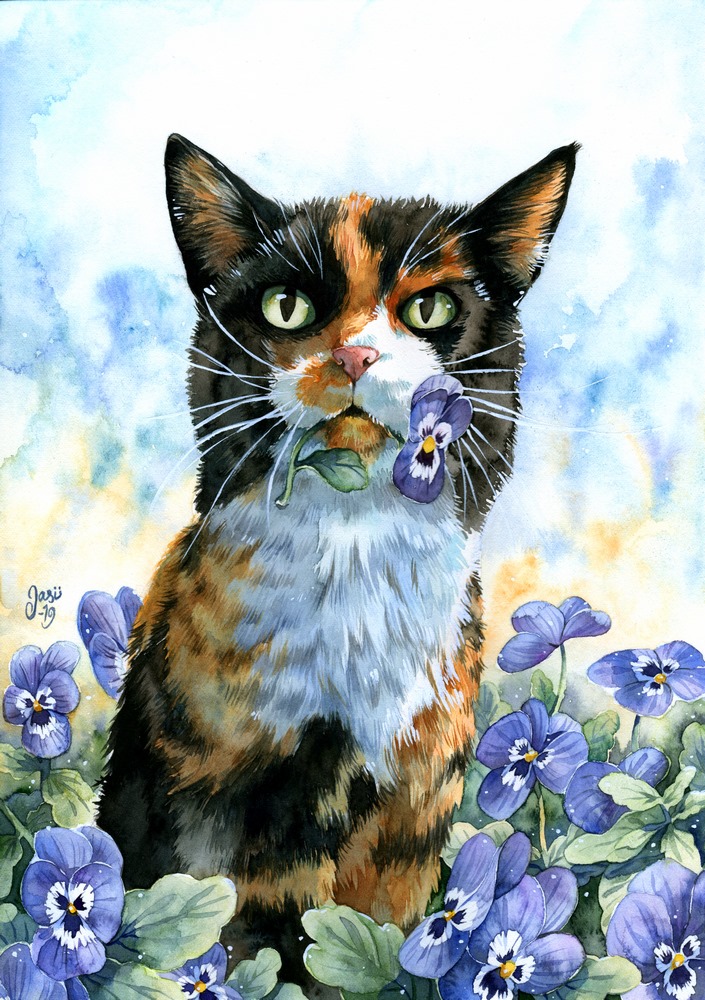 Print - Cat with Pansies